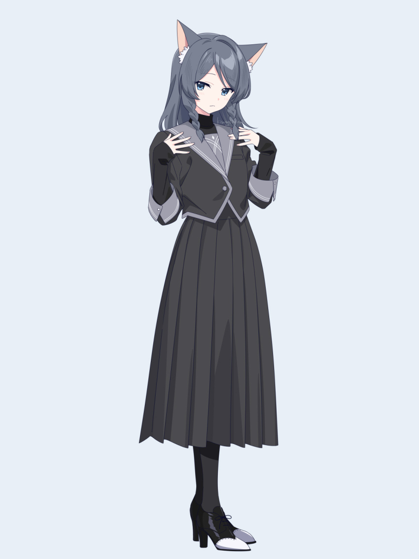 1girl animal_ears black_arm_warmers blush braid closed_mouth cross-laced_shoes full_body green_eyes grey_background grey_hair grey_shirt grey_skirt grey_thighhighs high_heels highres kisaragi_hina looking_at_viewer original oxford_heels school_uniform shirt shoes simple_background skirt solo thighhighs