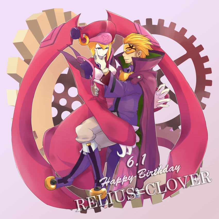 1boy 1girl android arc_system_works birthday blazblue blonde_hair blue_eyes boots breasts cape carrying colored_skin couple facial_hair gears gloves grabbing_another&#039;s_chin hand_on_another&#039;s_chin happy_birthday hat high_collar highres ignis_(blazblue) mask pink_hat purple_footwear relius_clover robot_ears short_hair stubble white_skin younomine