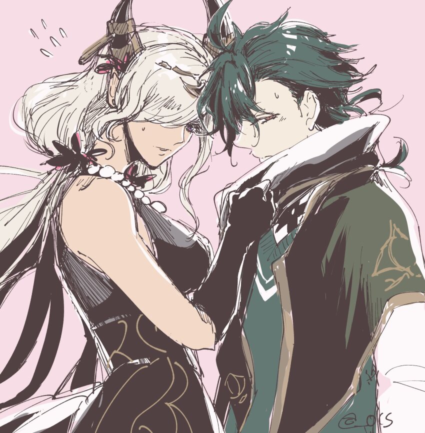 1boy 1girl black_dress black_gloves dark-skinned_female dark_skin dragon_horns dress fire_emblem fire_emblem_engage gloves green_hair gregory_(fire_emblem) grey_hair hair_over_one_eye highres horns jewelry long_hair looking_at_another necklace nintendo pearl_necklace purple_eyes red_eyes sleeveless sleeveless_dress umi_(_oneinchswing) zelestia_(fire_emblem)