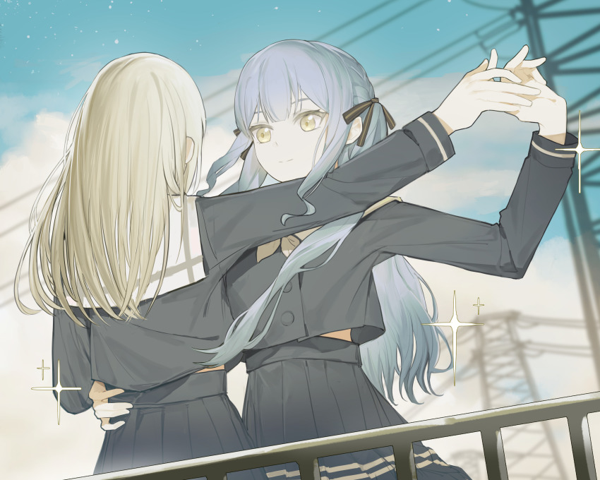 2girls absurdres anli_(jwcpp4sum0mgk5r) bang_dream! bang_dream!_it&#039;s_mygo!!!!! black_ribbon blue_hair blue_serafuku blue_shirt blue_skirt braid closed_mouth commentary_request dancing green_hair hair_ribbon hand_on_another&#039;s_waist highres holding_hands long_hair long_sleeves midriff_peek multiple_girls pleated_skirt power_lines railing ribbon school_uniform serafuku shirt sidelocks skirt sky star_(sky) starry_sky togawa_sakiko utility_pole wakaba_mutsumi yellow_eyes yuri