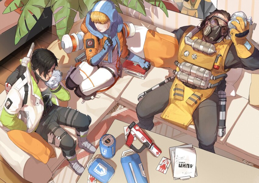 1girl 2boys apex_legends battery beard black_hair black_pants black_shirt blonde_hair blue_bodysuit blue_gloves bodysuit bohe-menthe brown_hair cable caustic_(apex_legends) chinese_commentary covered_collarbone crypto_(apex_legends) facial_hair facial_scar first_aid from_above gas_mask gloves goggles green_eyes green_vest hair_slicked_back hazmat_suit highres ice_pack looking_up mask multiple_boys pants plant poster_(object) ribbed_bodysuit scar scar_on_cheek scar_on_face shirt sitting v-shaped_eyebrows vest wattson_(apex_legends) white_bodysuit white_shirt yellow_gloves