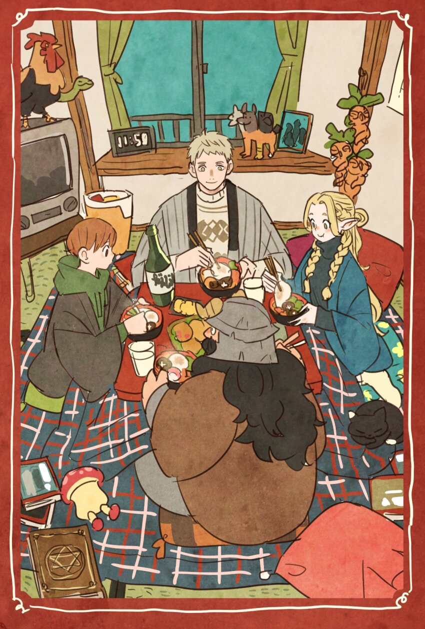 1girl 3boys alarm_clock basilisk beard black_cat black_hair blonde_hair blue_jacket book border bottle bowl braid brown_eyes brown_hair cat chilchuck_tims chimera chopsticks clock contemporary cup curtains cushion dungeon_meshi dwarf eating elf facial_hair food french_braid green_hoodie grey_hair grimoire half_updo halfling hanten_(clothes) highres holding holding_bowl holding_chopsticks hood hoodie indoors jacket kotatsu laios_touden long_beard long_hair long_sleeves mandrake marcille_donato multiple_boys mushroom open_mouth parted_bangs plate pointy_ears profile railing red_border senshi_(dungeon_meshi) short_hair side_braid sitting slice_of_life smile soup steam stuffed_animal stuffed_toy sweater table takeuchi_ryousuke tatami television trash_can turtleneck turtleneck_sweater walking_mushroom_(dungeon_meshi) white_sweater wide_sleeves window yellow_eyes zabuton