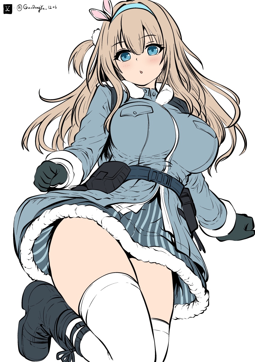 1girl absurdres blonde_hair blue_eyes blue_hairband blue_jacket blush breasts brown_hair cowboy_shot ding36 girls&#039;_frontline girls&#039;_frontline_2:_exilium gloves hair_between_eyes hair_ornament hairband highres jacket long_hair looking_at_viewer medium_breasts one_side_up skirt smile snowflake_hair_ornament solo striped_clothes striped_skirt suomi_(girls&#039;_frontline) suomi_(girls&#039;_frontline_2) thighhighs vertical-striped_clothes vertical-striped_skirt white_thighhighs