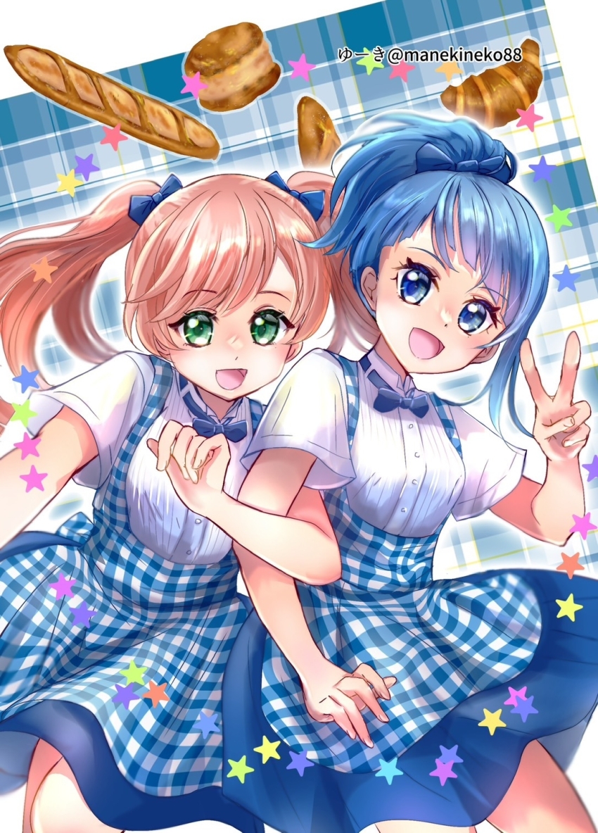 2girls alternate_costume alternate_hairstyle apron artist_name baguette biscuit_(bread) blue_apron blue_bow blue_bowtie blue_dress blue_eyes blue_hair bow bowtie bread checkered_apron checkered_clothes commentary croissant cut_bangs dress dress_bow food green_eyes hair_bow hair_up high_collar highres hirogaru_sky!_precure kobeya kobeya_uniform locked_arms long_hair looking_at_viewer manekineko5319 medium_hair multiple_girls nijigaoka_mashiro open_mouth pinafore_dress ponytail precure shirt short_dress short_sleeves single_sidelock sleeveless sleeveless_dress smile sora_harewataru standing star_(symbol) twintails twitter_username v white_shirt