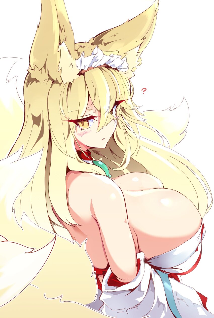 1girl ? animal_ear_fluff animal_ears back blonde_hair blush breasts cleavage covered_erect_nipples detached_collar detached_sleeves fox_ears fox_girl fox_tail highres hirume_of_heavenly_incense huge_breasts last_origin leqz5945 long_hair looking_at_viewer looking_to_the_side magatama maid_headdress multiple_tails slit_pupils solo tail white_background yellow_eyes