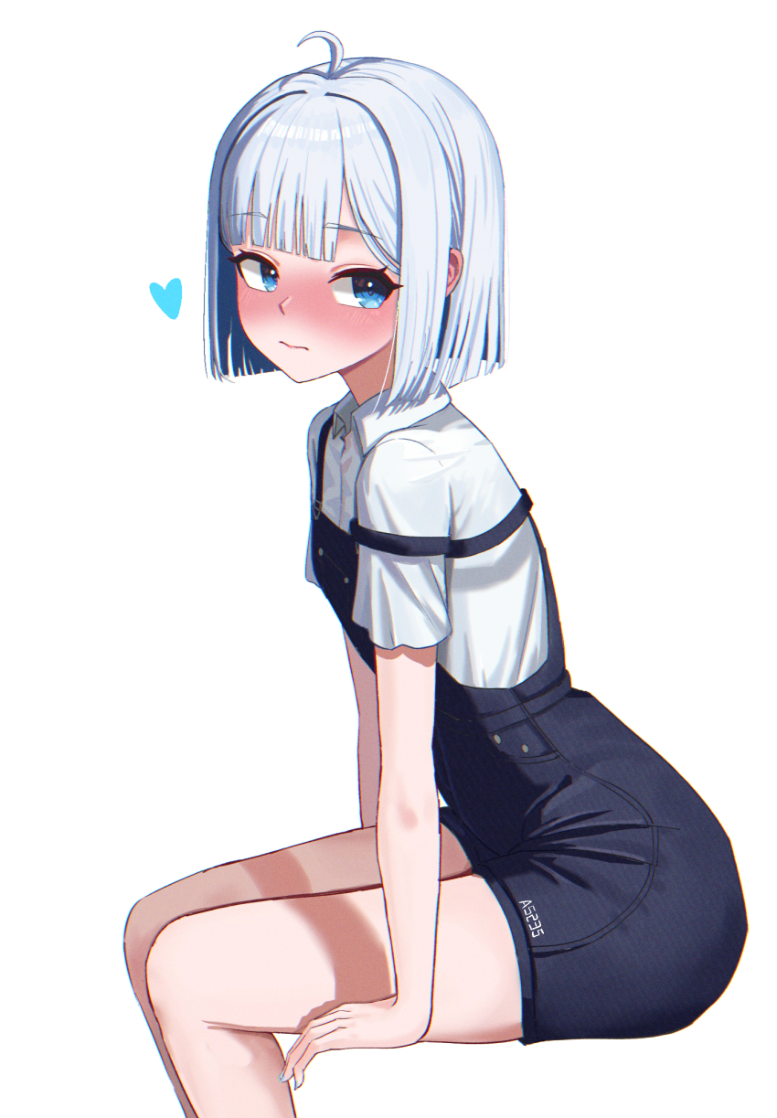 1girl a5235 ahoge artist_name black_overalls blue_eyes blunt_bangs blush closed_mouth from_side gosegu highres invisible_chair leaning_forward looking_at_viewer nose_blush overall_shorts overalls shirt short_sleeves simple_background sitting solo strap_slip virtual_youtuber waktaverse white_background white_hair white_shirt wing_collar