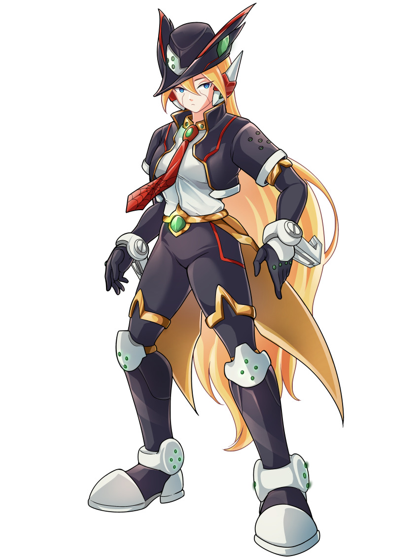 1girl absurdres alternate_costume alternate_hairstyle belt biometal blonde_hair blouse blue_eyes bodystocking boots breasts ciel_(mega_man) coattails collared_shirt commission commissioner_upload cropped_jacket elbow_gloves eyelashes full_body gauntlets gloves hat highres jacket knee_armor long_bangs long_hair looking_at_viewer mechanical_ears mega_man_(series) mega_man_zero_(series) mega_man_zx necktie non-web_source open_clothes open_jacket petite shirt small_breasts spider_(mega_man) thigh_boots transparent_background uta_guipiy