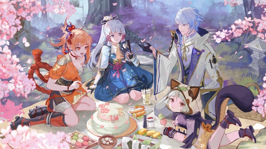 1boy 3girls :d absurdres anniversary armor asymmetrical_armor asymmetrical_hair ayaka_(genshin_impact) bandaged_leg bandages banner basket black_armor black_bridal_gauntlets black_footwear black_gloves black_sash black_scarf black_socks black_vest blanket blue_eyes blue_hair blue_jacket blue_skirt blunt_bangs blunt_tresses blurry boots bowl bracelet branch breastplate bridal_gauntlets bubble_tea butterfly_choker cake cherry_blossoms chest_tattoo chinese_knot choker closed_mouth commentary cup dango depth_of_field disposable_cup drinking_straw earrings english_commentary fake_tail falling_petals fish_hair_ornament flower_knot folding_fan food genshin_impact geta gloves gold_choker gold_trim grass hadanugi_dousa hair_between_eyes hair_ornament hair_ribbon hand_fan hand_up high_ponytail highres holding holding_fan holding_food iiumiarts jacket japanese_armor japanese_clothes jewelry kamisato_ayato kamisato_clan_(emblem) kimono kneehighs kote kusazuri leaf leaf_on_head legs_up long_hair long_sleeves looking_at_another looking_at_viewer lying medium_hair mole mole_under_eye mole_under_mouth multiple_girls neck_tassel obi on_stomach onigiri open_kimono open_mouth orange_eyes orange_hair orange_kimono outdoors pants petals picnic picnic_basket pink_petals pink_ribbon ponytail popped_collar purple_eyes purple_shirt raccoon_hood raccoon_tail red_choker ribbon rope sanshoku_dango sarashi sash sayu_(genshin_impact) scarf seiza shimenawa shirt short_hair short_kimono short_sleeves shoulder_armor single_sode sitting skewer skirt smile socks sode stone_lantern stud_earrings suneate tail tassel tattoo teeth tree tress_ribbon upper_teeth_only vest wagashi wariza white_hair white_jacket white_pants wide_sleeves yoimiya_(genshin_impact) yokozuwari