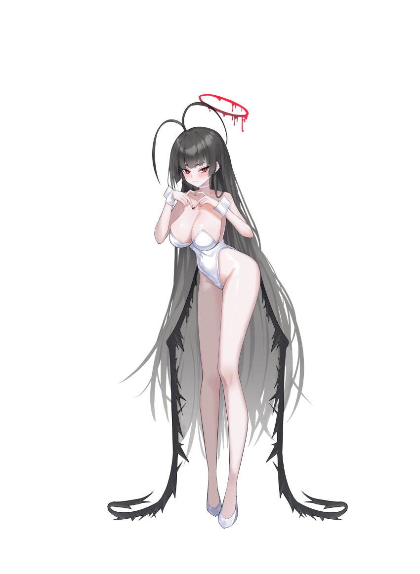 1girl alternate_costume bare_legs black_hair black_nails black_wings blue_archive blush breasts commentary fingernails four-finger_heart_hands full_body halo heart heart_hands highleg highleg_leotard highres huge_antenna_hair korean_commentary large_breasts legs leotard long_hair long_legs looking_at_viewer melting_halo nail_polish pale_skin playboy_bunny red_eyes red_halo seoly_ouo simple_background solo straight_hair strapless strapless_leotard sweatdrop tsurugi_(blue_archive) very_long_hair white_background white_leotard wings wrist_cuffs