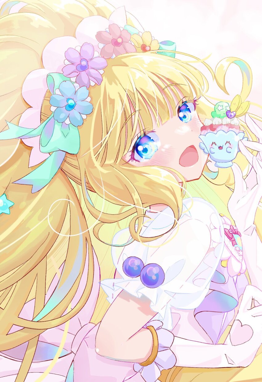 1girl blonde_hair blue_eyes blunt_bangs bridal_veil cure_finale cure_finale_(party_up_style) delicious_party_precure highres kasai_amane lilylily0601 long_hair magical_girl open_mouth precure recipipi smile solo veil