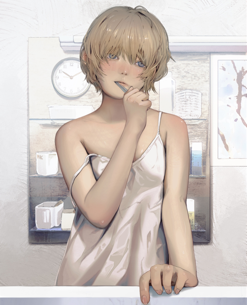 1girl absurdres blonde_hair blue_eyes blush brushing_teeth clock cosmetics cowboy_shot cup dress expressionless highres holding holding_toothbrush indoors mikasamu nightgown original short_hair solo straight-on strap_slip toothbrush wall_clock white_dress white_nightgown