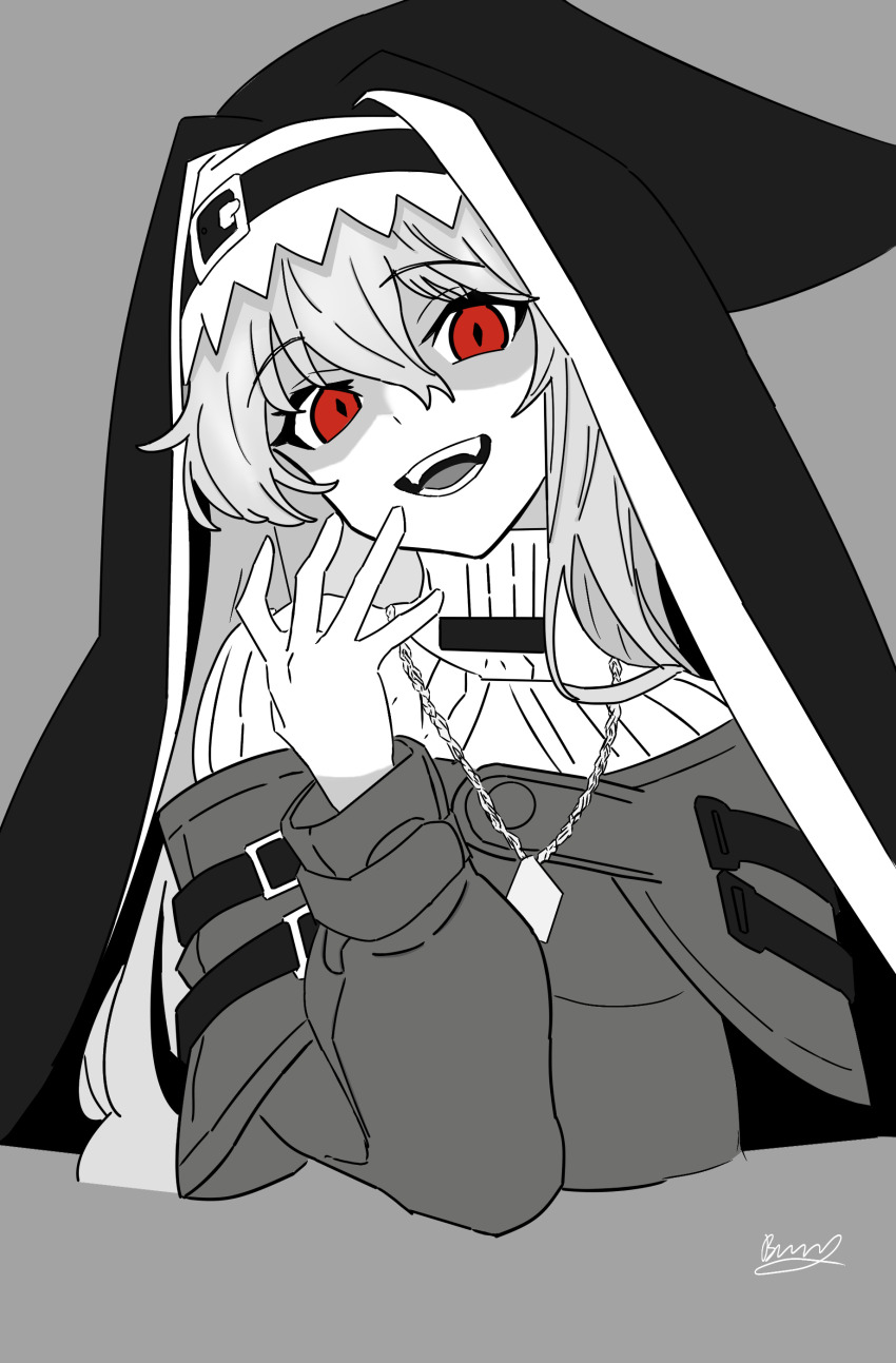 1girl :d absurdres arknights bww_(user_ymyg3237) commentary cropped_torso diamond-shaped_pupils diamond_(shape) evil_smile grey_background greyscale hair_between_eyes hand_up headscarf highres jewelry long_hair long_sleeves looking_at_viewer monochrome open_mouth pendant red_eyes signature simple_background smile solo specter_(arknights) spot_color symbol-only_commentary symbol-shaped_pupils turtleneck
