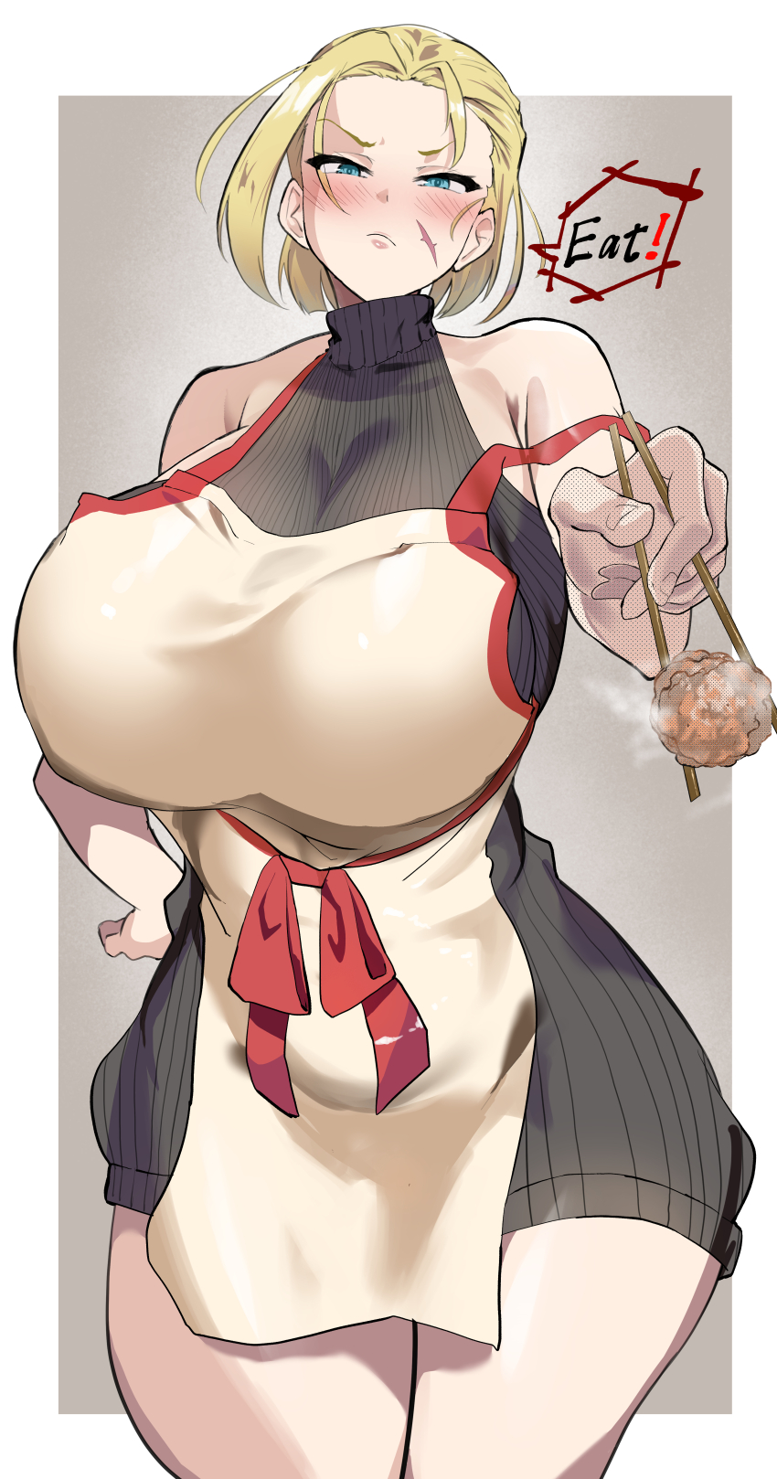 1girl absurdres alternate_breast_size_(larger) apron bare_shoulders blonde_hair blue_eyes blush border breasts cammy_white chopsticks english_text food half-closed_eyes hand_on_own_hip highres holding holding_chopsticks huge_breasts large_breasts looking_at_viewer meat meatball sato_one1 scar simple_background sleeveless sleeveless_turtleneck speech_bubble street_fighter sweater thick_thighs thighs turtleneck turtleneck_sweater white_apron white_border