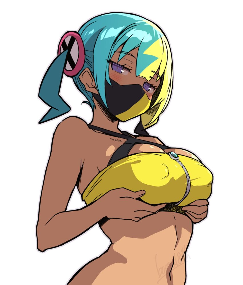 1girl aqua_hair bandeau batta_16-sei black_hair black_mask blonde_hair blue_eyes blush breasts canari_(pokemon) commentary_request covered_erect_nipples dark-skinned_female dark_skin grabbing_own_breast highres large_breasts looking_at_viewer mask mouth_mask multicolored_hair nintendo pokemon pokemon_legends:_z-a solo two-tone_mask yellow_bandeau yellow_mask