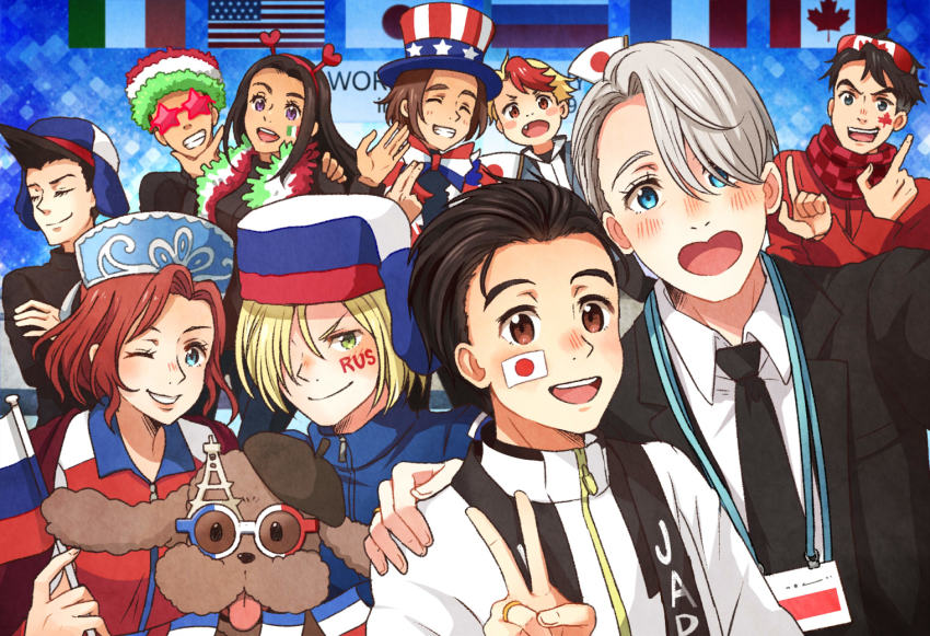 2girls 6+boys :d ^_^ american_flag beret black_hair blazer blonde_hair blue_eyes bow bowtie brown_eyes brown_hair canadian_flag closed_eyes dog closed_eyes fang flag french_flag georgi_popovich green_eyes grin hair_over_one_eye hand_on_another&#039;s_shoulder hat it&#039;s_j.j._style! italian_flag jacket japanese_flag jean-jacques_leroy jewelry katsuki_yuuri lanyard leo_de_la_iglesia makkachin michele_crispino mila_babicheva minami_kenjirou multicolored_hair multiple_boys multiple_girls necktie one_eye_closed open_mouth purple_eyes red_hair ring russian_flag sara_crispino scarf selfie silver_hair smile top_hat track_jacket twc_(p-towaco) two-tone_hair v viktor_nikiforov yuri!!!_on_ice yuri_plisetsky