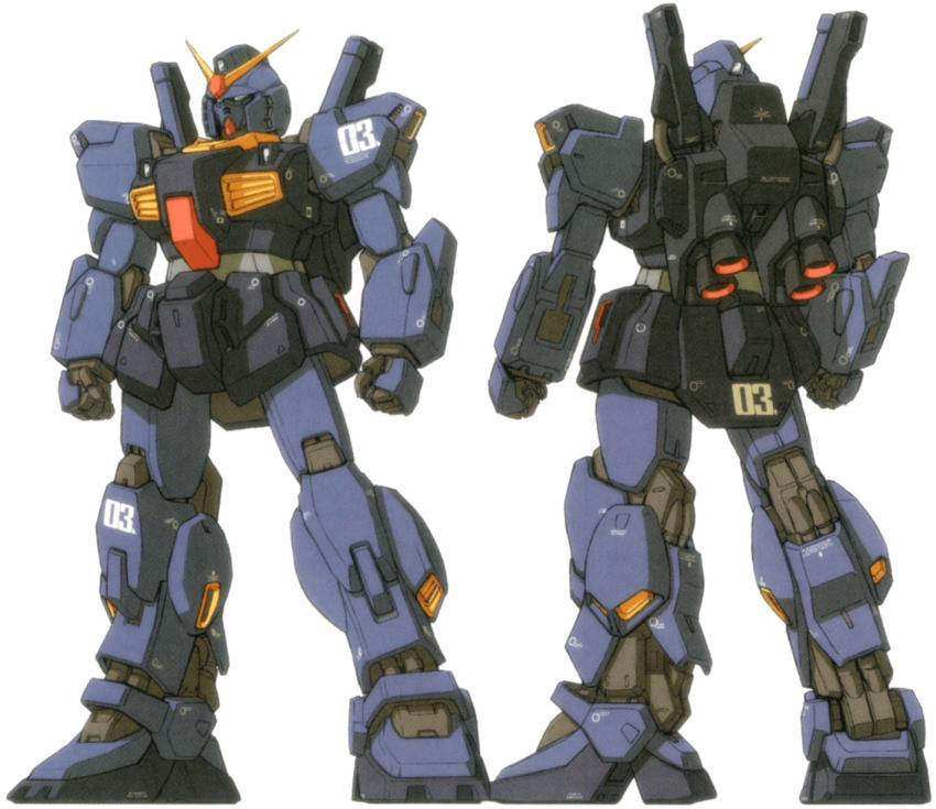 backpack bag energy_sword body_markings front_and_back gundam gundam_mk_ii highres katoki_hajime lineart mecha mobile mobile_suit no_humans non-web_source official_art robot titans_(gundam) v-fin zeta_gundam