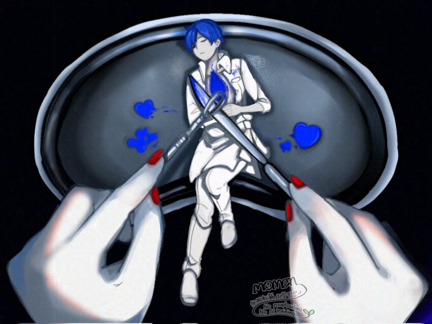 apron banica_concerto!!_(vocaloid) banica_conchita blood blue_blood blue_hair boku_to_kaeru_no_love_romance_(vocaloid) carlos_marlon chef closed_eyes coat collared_coat colored_skin dissection drug_of_gold_(vocaloid) evillious_nendaiki forceps highres holding_scalpel implied_death kaito_(vocaloid) limited_palette lying meiko_(vocaloid) mini_person momen_zzz on_back pale_skin pants red_nails scalpel shoes surgery vocaloid waist_apron white_coat white_pants white_shoes white_skin