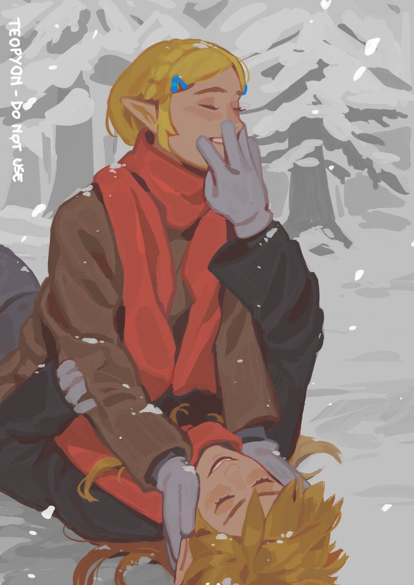 1boy 1girl absurdres artist_name bare_tree black_sweater blonde_hair blush braid brown_sweater closed_eyes coat cold commentary couple crown_braid day english_commentary english_text forest gloves hair_ornament hairclip hands_on_another&#039;s_arms hands_on_another&#039;s_cheeks hands_on_another&#039;s_face happy hetero highres jewelry link long_hair long_sleeves lying_on_person nature nintendo on_floor open_mouth outdoors pine_tree pointy_ears princess_zelda pyonteo red_scarf scarf short_hair smile snow snow_on_head snow_on_tree snowing sweater teeth the_legend_of_zelda the_legend_of_zelda:_tears_of_the_kingdom tree upper_body winter winter_clothes winter_coat