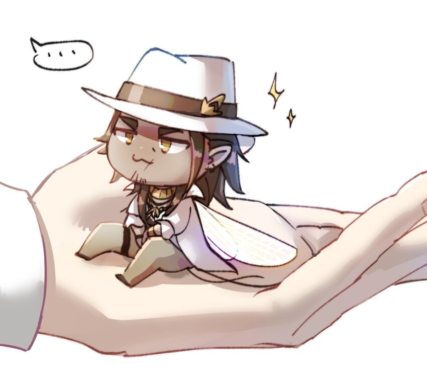 ... 2boys ahappycatroy alchemy_stars brown_eyes brown_hair brown_pants cena_(alchemy_stars) chibi chinese_commentary coat commentary_request earrings hat jewelry male_focus multiple_boys navigator_(alchemy_stars) necklace pants pointy_ears scar scar_on_face scar_on_mouth sitting_on_hand sparkle speech_bubble spoken_ellipsis white_background white_coat white_hat