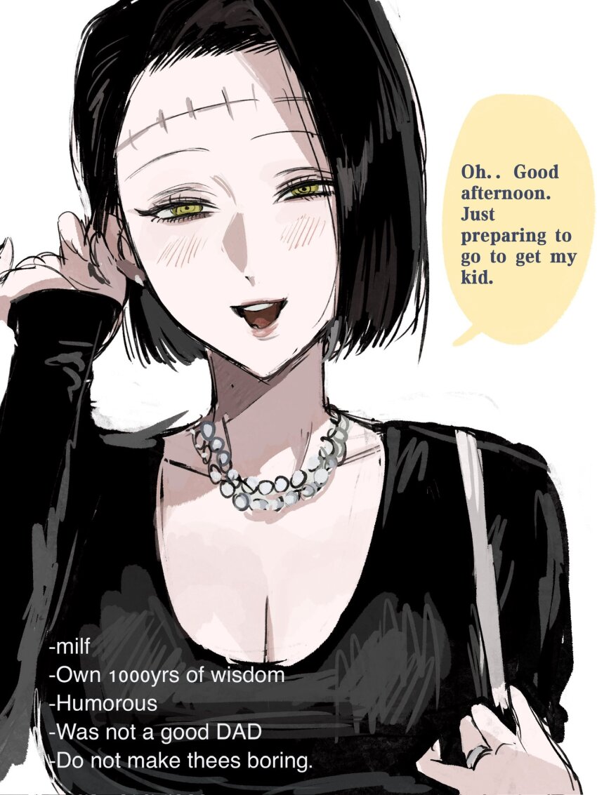 1girl bag black_hair bob_cut breasts cleavage english_text fallsoki handbag highres itadori_kaori jewelry jujutsu_kaisen kenjaku light_blush mole mole_on_neck necklace pearl_necklace possessed possession smile speech_bubble stitches tucking_hair yellow_eyes