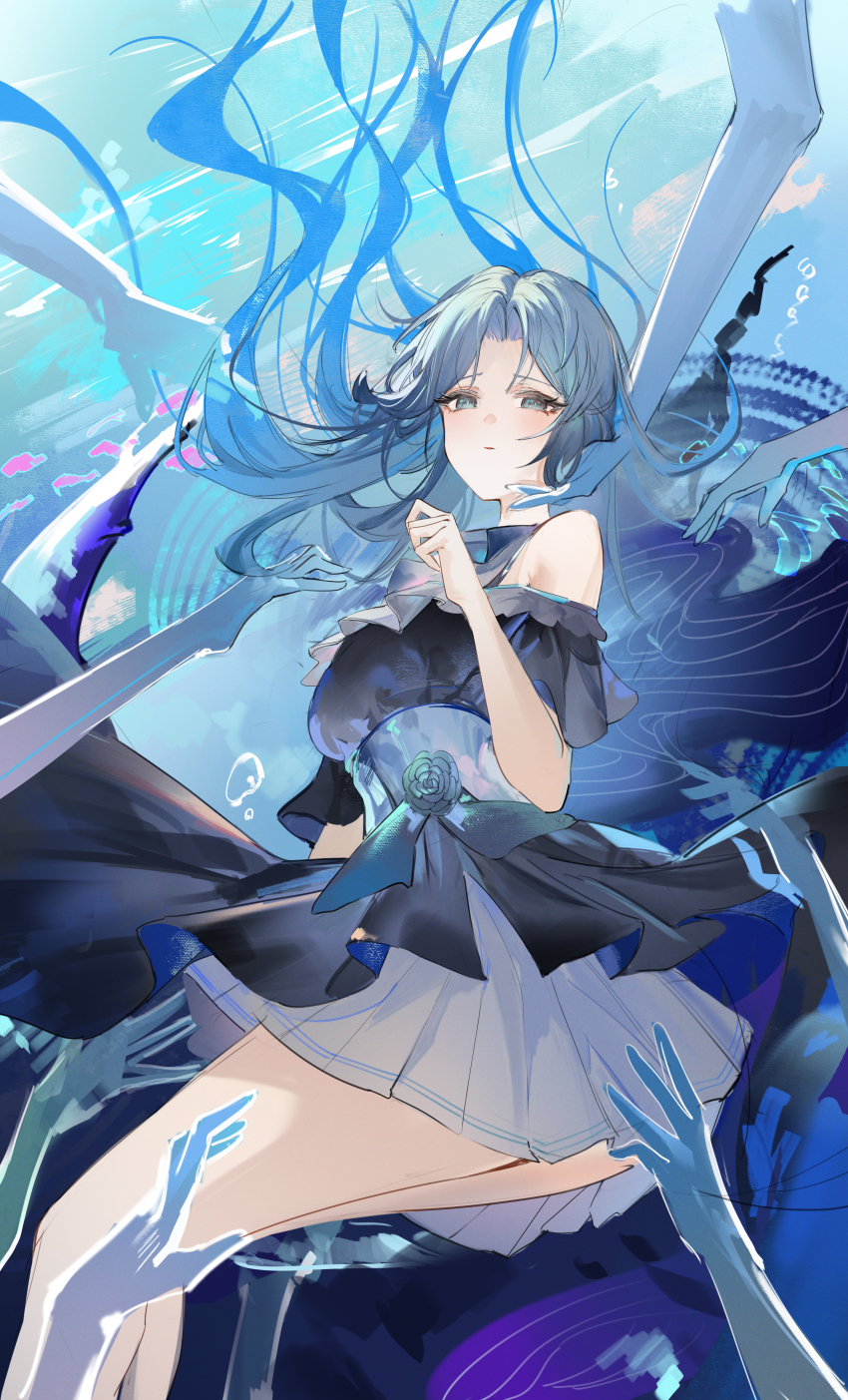 1girl absurdres bare_shoulders blush breasts detached_sleeves dress extra_arms flantia floating_hair flower_ornament frilled_dress frills grey_corset grey_eyes highres long_hair looking_at_viewer medium_breasts original two-tone_dress underwater