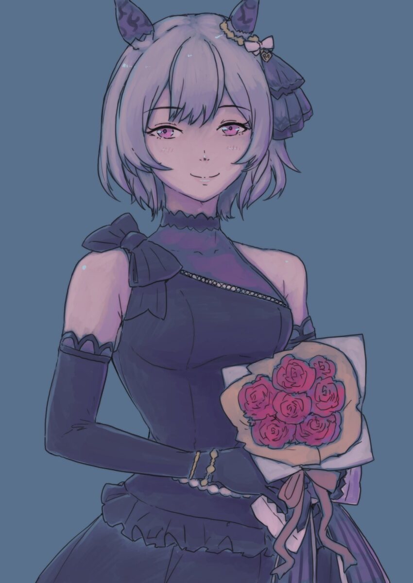 1girl animal_ears bare_shoulders black_bow black_dress black_gloves blue_background bouquet bow breasts commentary curren_chan_(sakutsuki_ma_cherie)_(umamusume) curren_chan_(umamusume) dress elbow_gloves flower frilled_dress frills gloves grey_hair highres holding holding_bouquet horse_ears medium_breasts pink_eyes red_flower red_rose rose simple_background sleeveless sleeveless_dress solo striped_bow symbol-only_commentary umamusume vent_arbre