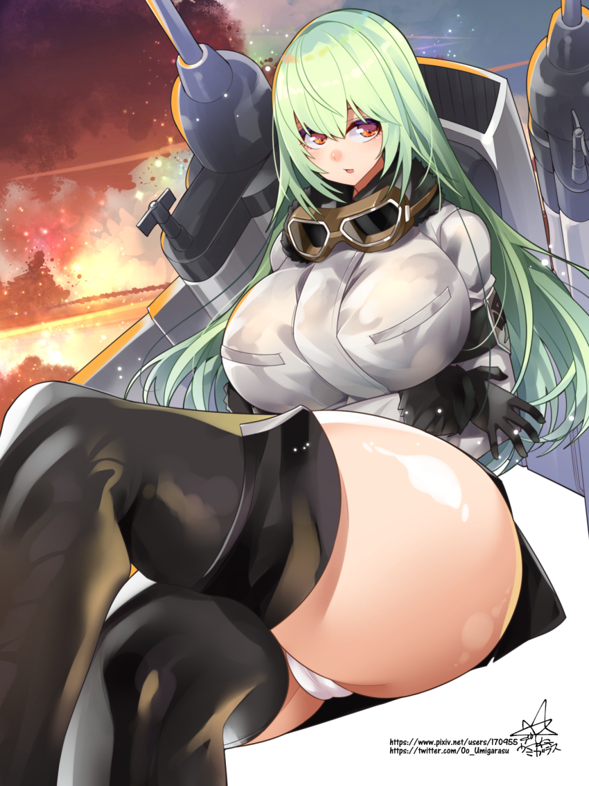 1girl :o aircraft airplane armband arms_under_breasts ass autocannon banshee_(last_origin) black_armband black_boots black_gloves black_skirt boots breasts cameltoe cannon crossed_arms fire gloves goggles green_hair hair_between_eyes highres huge_breasts island last_origin light_particles long_hair looking_at_viewer miniskirt ocean open_mouth panties parted_lips pixiv_id pixiv_username red_eyes shiny_skin signature sitting skirt sky smoke solo star_(sky) starry_sky thick_thighs thigh_boots thighs twitter_username umigarasu_(kitsune1963) underwear white_panties