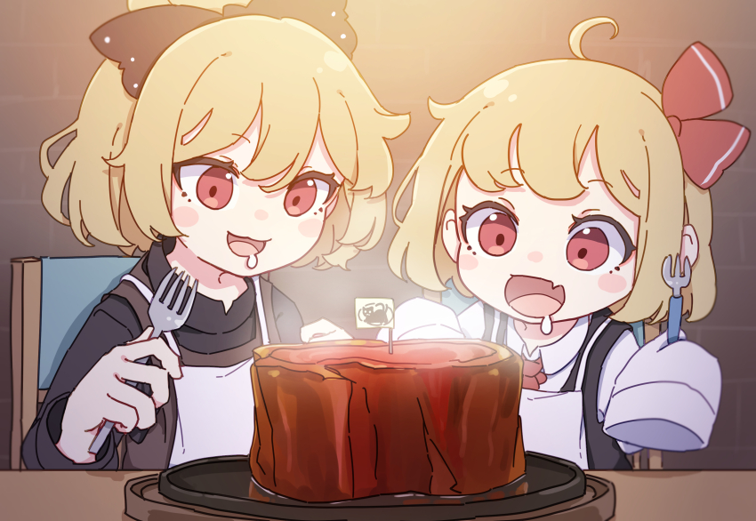 2girls absurdres ahoge apron black_bow black_shirt blonde_hair bow brown_dress chair collared_shirt dress drooling food fork hair_bow hair_ribbon highres holding holding_fork kame_(kamepan44231) kurodani_yamame long_sleeves meat multiple_girls pinafore_dress ponytail red_eyes red_ribbon ribbon rumia shirt short_hair sitting sleeveless sleeveless_dress sleeves_past_fingers sleeves_past_wrists steak touhou white_apron white_shirt