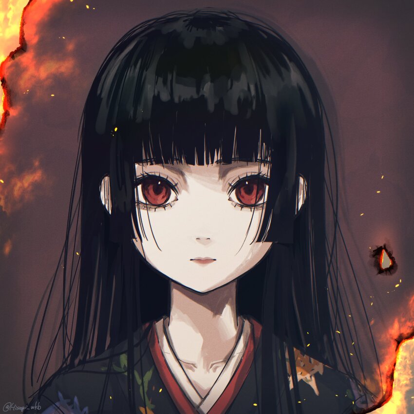 1girl black_hair black_kimono close-up embers enma_ai expressionless fire highres hime_cut hisagi_wkb japanese_clothes jigoku_shoujo kimono long_hair looking_at_viewer pale_skin red_eyes solo