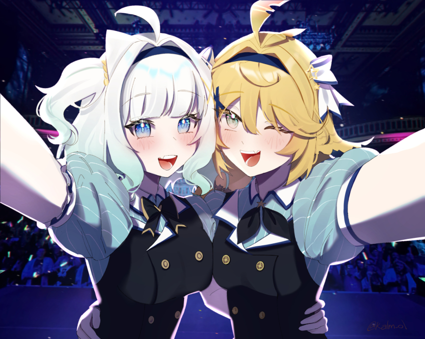 2girls aqua_shirt black_necktie black_vest blonde_hair blue_eyes blue_hairband buttons cheek-to-cheek commentary dokibird_(vtuber) double-breasted english_commentary feather_hair ghost gradient_hair green_hair hair_intakes hairband heads_together highres hug indie_virtual_youtuber kalm_ol mint_fantome multicolored_hair multiple_girls necktie open_mouth outstretched_arm photo_background pinstripe_pattern pinstripe_shirt reaching reaching_towards_viewer selfie shirt short_hair stage triangular_headpiece two_side_up vest virtual_youtuber waist_hug wavy_hair white_hair
