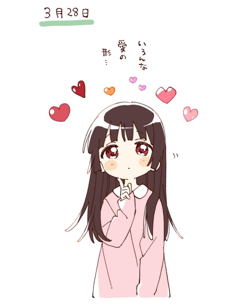 1girl black_hair blush_stickers closed_mouth collared_dress commentary_request contrast_collar cropped_torso dress hand_up heart highres index_finger_raised long_hair long_sleeves looking_at_viewer matsumoto_rise namori pink_dress red_eyes simple_background solo translation_request white_background yuru_yuri