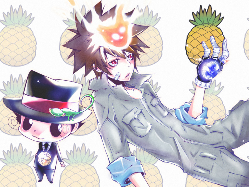 00s 1boy :3 bad_id bad_pixiv_id bandaid black_eyes black_hair bodysuit brown_hair chameleon food formal_clothes fruit gloves hat holding holding_food holding_fruit jumpsuit katekyo_hitman_reborn! leon leon_(katekyo_hitman_reborn!) lizard male_focus necktie pineapple pink_eyes reborn sawada_tsunayoshi short_hair sleeves_rolled_up smile spiked_hair suit teen123