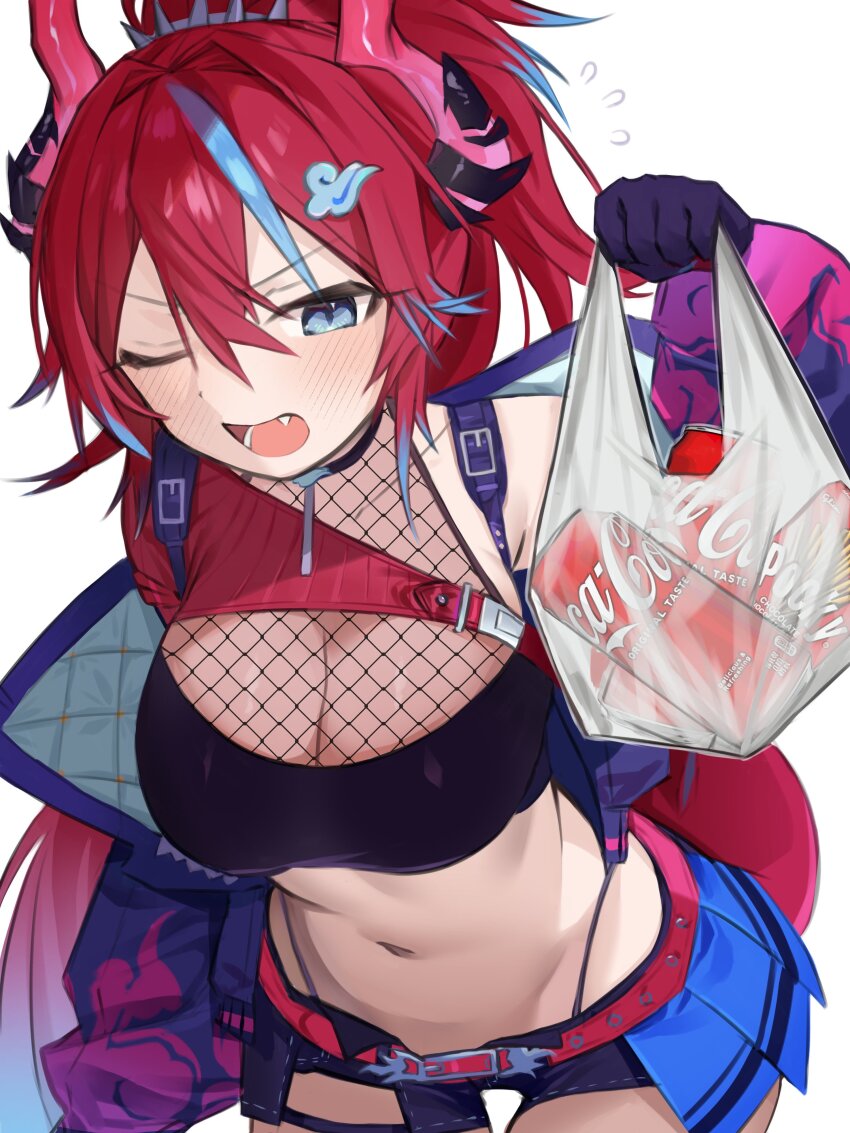 1girl absurdres asymmetrical_clothes bag bandeau belt black_bandeau blue_hair blue_shorts blue_skirt blush breasts can cleavage coca-cola crop_top dragon_girl dragon_horns dragon_tail fang fishnets flying_sweatdrops highleg highleg_panties highres holding holding_bag horns chromashift inami_yoki_(artist) jacket kai_saikota large_breasts leaning_forward long_hair looking_at_viewer midriff miniskirt multicolored_hair navel open_clothes open_jacket open_mouth panties plastic_bag pleated_skirt ponytail purple_jacket red_belt red_hair red_horns red_tail short_shorts shorts simple_background single_bare_shoulder skirt solo stomach streaked_hair suspenders tail underwear virtual_youtuber white_background