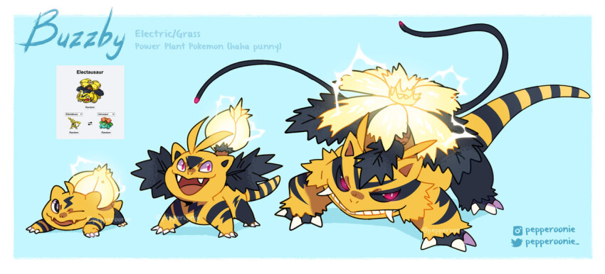 animal_focus black_eyes blue_background border bulbasaur cable claws commentary electabuzz electricity elekid english_commentary fangs full_body fusion gen_1_pokemon gen_2_pokemon instagram_username ivysaur nintendo no_humans one_eye_closed open_mouth pokemon pokemon_(creature) red_eyes sieepybear simple_background twitter_username venusaur white_border