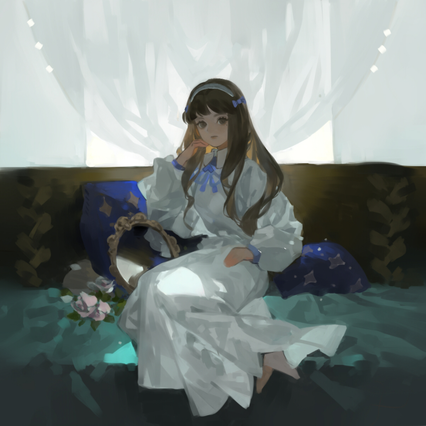 1girl aristocratic_clothes barefoot brown_eyes brown_hair collared_dress dress hairband highres long_hair long_sleeves mirror mole mole_under_eye original painterly pillow shachang sitting solo white_dress