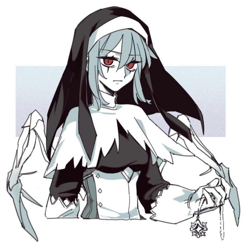1girl ender_lilies_quietus_of_the_knights expressionless gloves guardian_siegrid highres jewelry looking_at_viewer necklace nun ohhiochandra red_eyes skeletal_wings solo spot_color unworn_jewelry unworn_necklace upper_body wings
