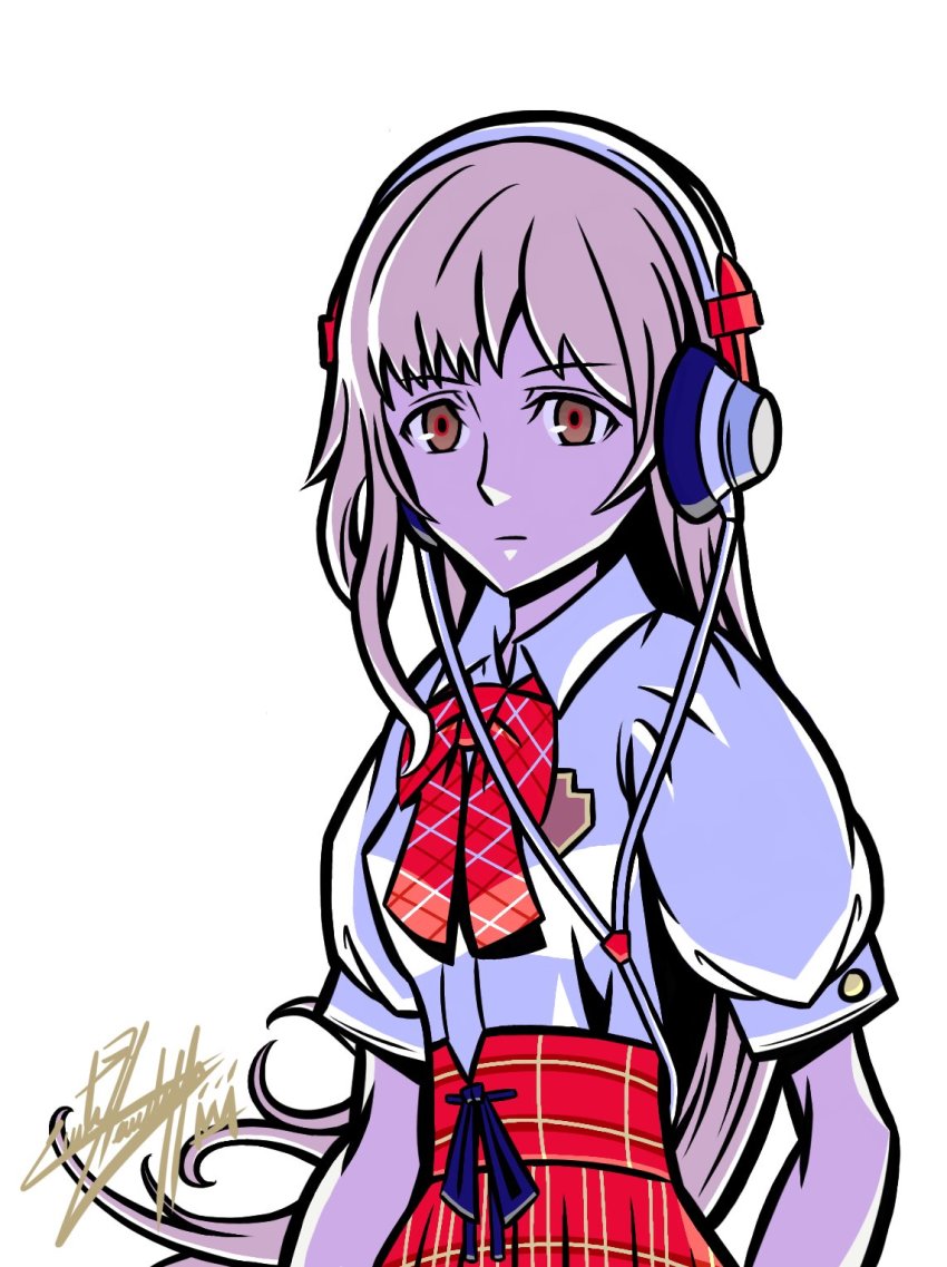 1girl blank_stare brown_eyes closed_mouth collared_shirt eyebrows_hidden_by_hair female_focus grey_hair headphones highres long_hair looking_at_viewer matsunae_tsugumi plaid_clothes plaid_skirt red_skirt school_uniform shin_subarashiki_kono_sekai shirt shirt_tucked_in simple_background skirt solo subarashiki_kono_sekai upper_body white_shirt