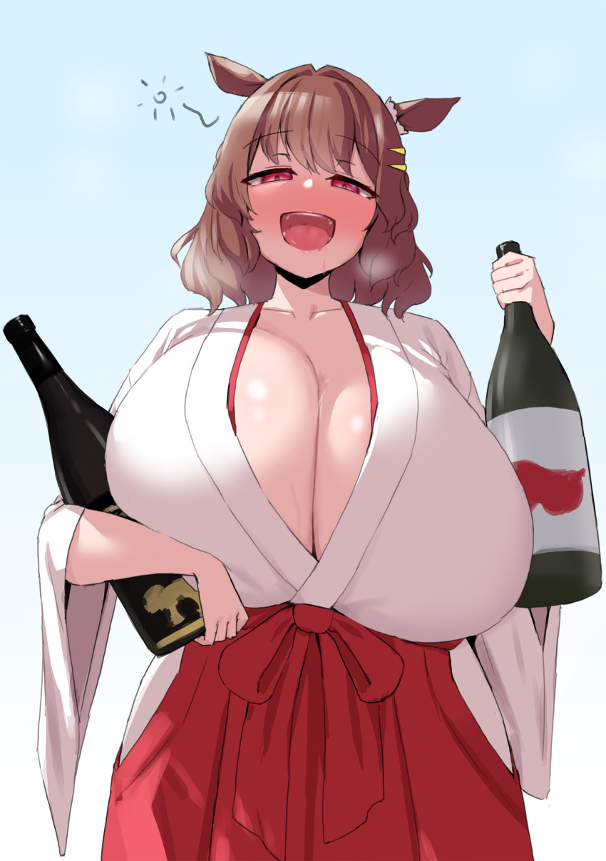1girl absurdres alcohol alternate_breast_size alternate_costume animal_ears blue_background blush bottle breasts brown_hair cleavage collarbone commentary_request cowboy_shot drooling drunk ear_ornament ear_scrunchie gigantic_breasts gradient_background hair_ornament hairclip hakama hakama_skirt hand_up highres holding holding_bottle horse_ears horse_girl huge_breasts japanese_clothes kosode light_hello_(umamusume) long_sleeves looking_at_viewer medium_hair miko noe_(ppppriver) open_mouth red_eyes red_hakama saliva skirt smile solo squeans umamusume wide_sleeves