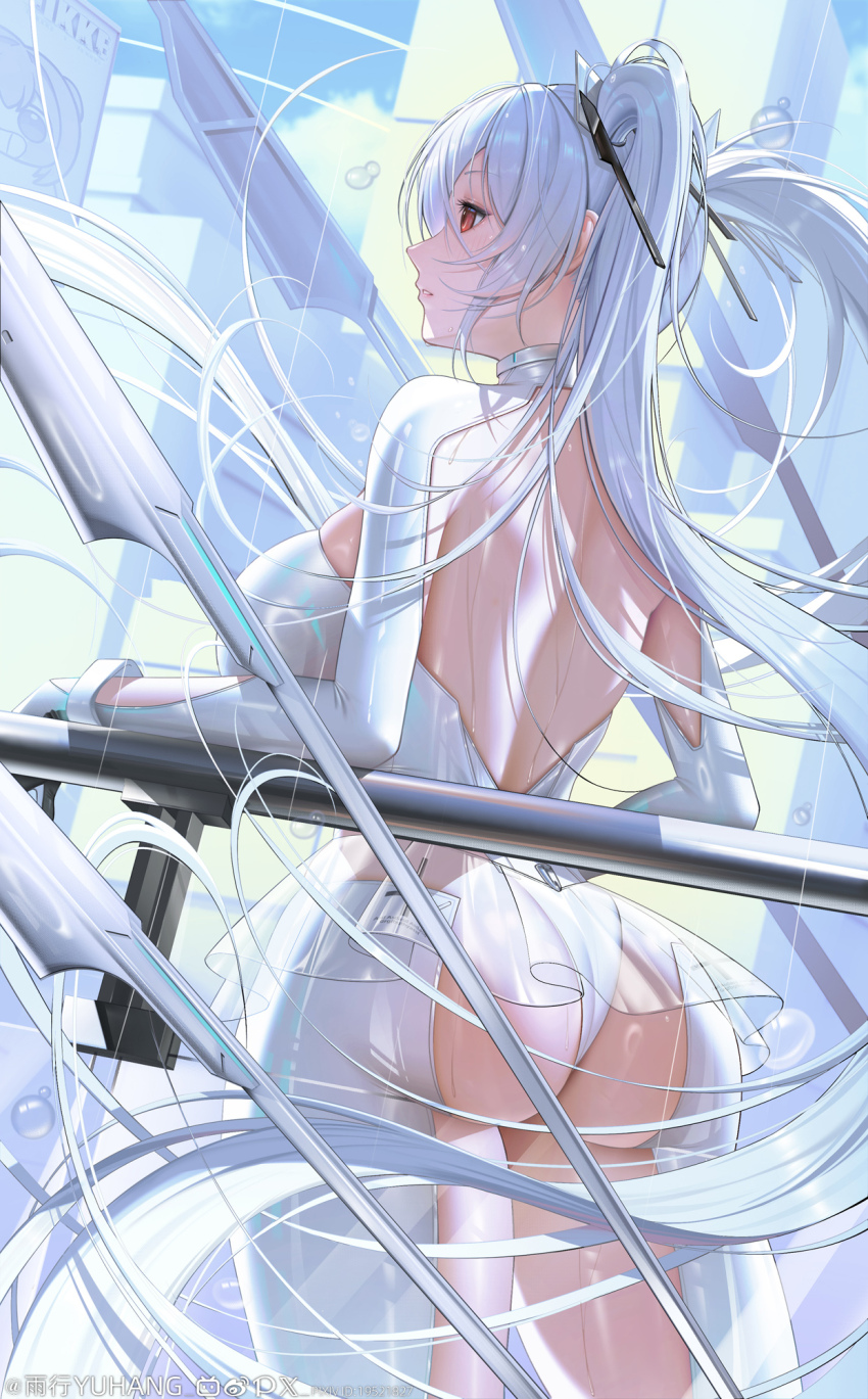 1girl artist_name ass backless_bodysuit bilibili_logo bodysuit breasts bubble chinese_commentary cinderella_(nikke) commentary_request copyright_name cowboy_shot day floating_hair from_behind goddess_of_victory:_nikke grey_hair hair_ornament highres indoors large_breasts long_hair looking_afar microskirt pixiv_logo profile railing red_eyes see-through_bodysuit see-through_clothes see-through_skirt skin_tight skirt solo standing twintails twitter_x_logo very_long_hair watermark weibo_watermark white_bodysuit yuxing_yuhang
