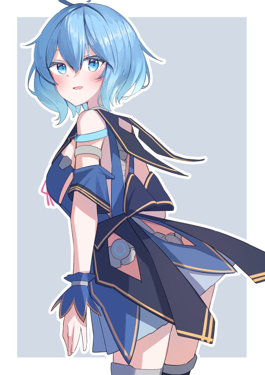 1girl :d ahoge android arm_cuffs armband armlet back_bow backless_dress backless_outfit bare_shoulders black_bow blue_background blue_bow blue_dress blue_eyes blue_hair blue_skirt blush boots border bow breasts clothing_cutout cowboy_shot cowlick detached_sleeves dress from_side gradient_hair grey_background hair_between_eyes highres hip_vent i-s_(vrchat) jewelry large_bow leaning_forward looking_at_viewer looking_back looking_to_the_side medium_breasts multicolored_hair open_mouth outline outside_border parted_lips pink_ribbon ribbon sailor_collar short_dress short_hair short_sleeves side_cutout simple_background six_box skirt sleeveless sleeveless_dress small_breasts smile solo standing thigh_boots thighhighs two-tone_background vrchat white_background white_border white_outline wrist_cuffs