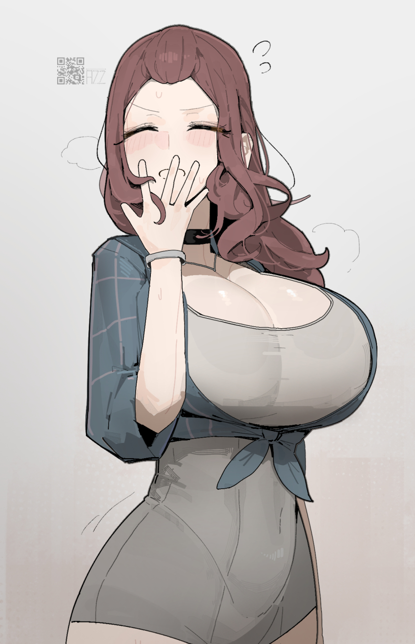 1girl azz0422 breasts brown_hair closed_eyes front-tie_top helen_(zenless_zone_zero) highres huge_breasts long_hair one-piece_swimsuit simple_background solo swimsuit zenless_zone_zero