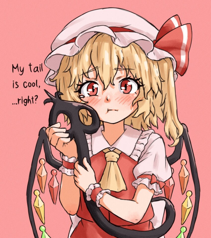 1girl ascot beachepisode blonde_hair blush closed_mouth collared_shirt commentary crystal crystal_wings english_commentary english_text flandre_scarlet frilled_shirt_collar frills hat hat_ribbon highres laevatein_(touhou) long_hair looking_at_viewer mob_cap multicolored_wings one_side_up pout puffy_short_sleeves puffy_sleeves red_background red_eyes red_skirt red_vest ribbon shirt short_sleeves simple_background skirt skirt_set solo touhou vest white_hat wings wrist_cuffs yellow_ascot
