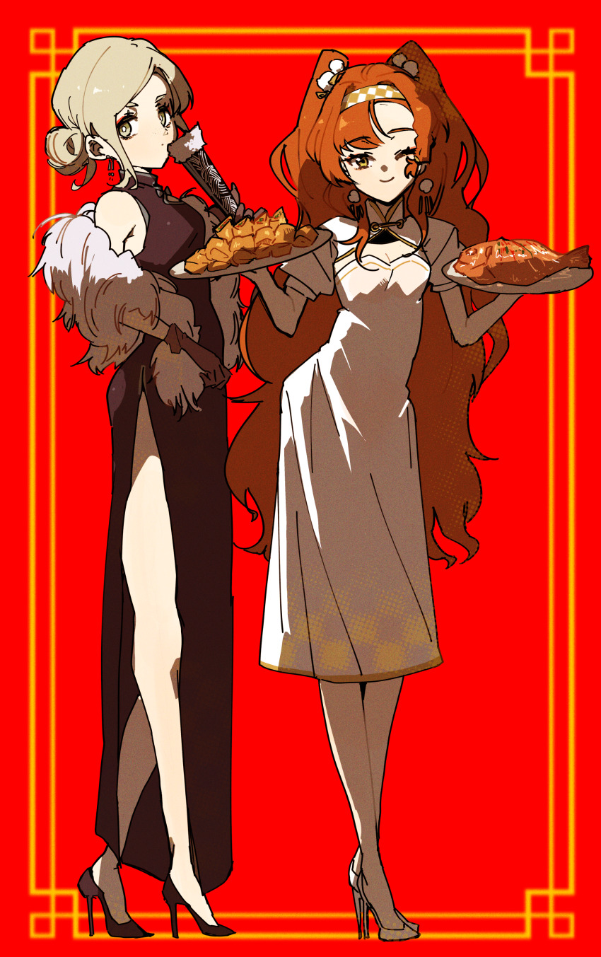 2girls ;) absurdres alternate_costume bare_legs bare_shoulders black_dress black_gloves black_shoes border breasts china_dress chinese_clothes cleavage cleavage_cutout closed_mouth clothing_cutout crossed_ankles dot_mouth dress earrings fan_to_mouth feather_boa fish_(food) folded_fan folding_fan from_side full_body gloves grey_eyes grey_hair hair_bun hair_ornament hand_fan hand_up hands_up high_heels highres inset_border jewelry long_dress long_hair looking_at_viewer multiple_girls one_eye_closed orange_hair ornate_border outside_border plate pom_pom_(clothes) pom_pom_earrings pom_pom_hair_ornament puffy_short_sleeves puffy_sleeves red_background reverse:1999 shoes short_hair short_sleeves single_side_bun sleeveless sleeveless_dress smile sonetto_(reverse:1999) standing two_side_up vertin_(reverse:1999) very_long_hair white_dress white_shoes yellow_eyes ziyunshanding