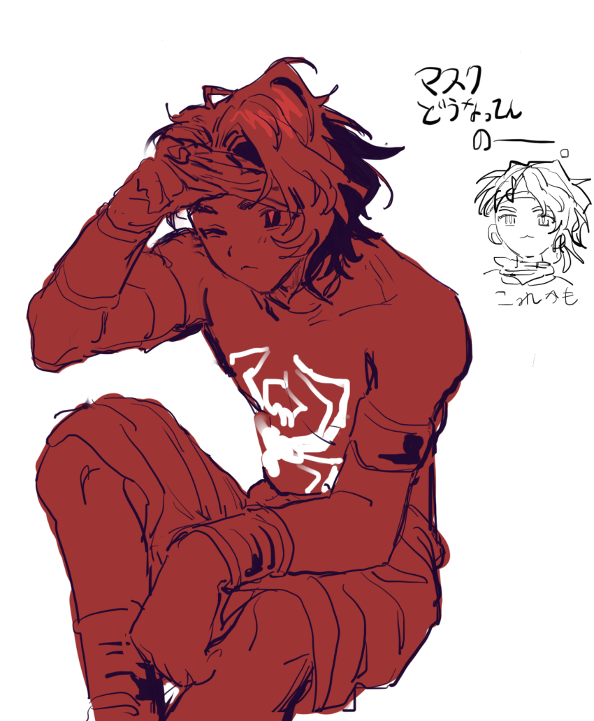 1boy commentary_request headband highres male_focus marvel monochrome multiple_views pavitr_prabhakar red_theme short_hair simple_background sitting spider-man:_across_the_spider-verse spider-man_(series) spider-verse tami_tome_mo translation_request white_background