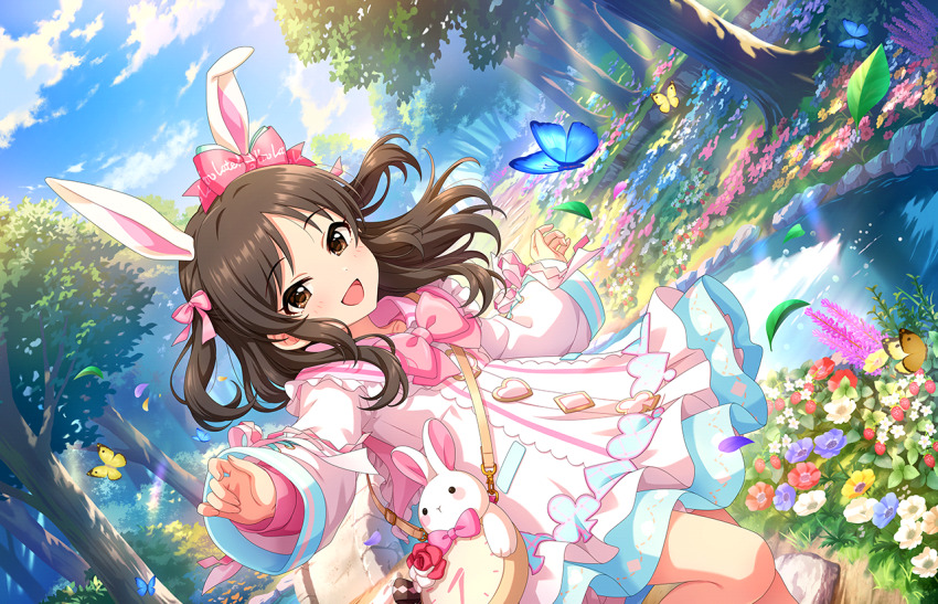 1girl bow bowtie bridge brown_eyes brown_hair bug bush butterfly clock cloud dress falling_leaves falling_petals field flower flower_field forest game_cg grass hair_bow heart idolmaster idolmaster_cinderella_girls idolmaster_cinderella_girls_starlight_stage insect leaf nature official_art one_leg_raised open_mouth petals pink_dress rabbit_ears solo stream sunlight tachibana_arisu tree twintails