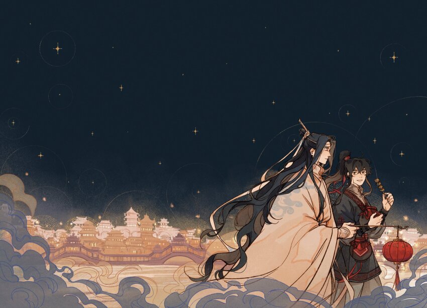 2boys architecture black_eyes black_hair black_hands bridge chinese_clothes city closed_eyes colored_extremities east_asian_architecture food hair_ribbon hanfu headband high_ponytail highres holding holding_jug holding_lantern holding_skewer lan_wangji lantern long_hair long_sleeves looking_at_another meat modao_zushi multiple_boys night paper_lantern ponytail raccun7 red_ribbon ribbon skewer smile smoke standing star_(sky) upper_body water wei_wuxian white_hanfu white_headband white_ribbon wide_sleeves xiao_guan_(headdress)