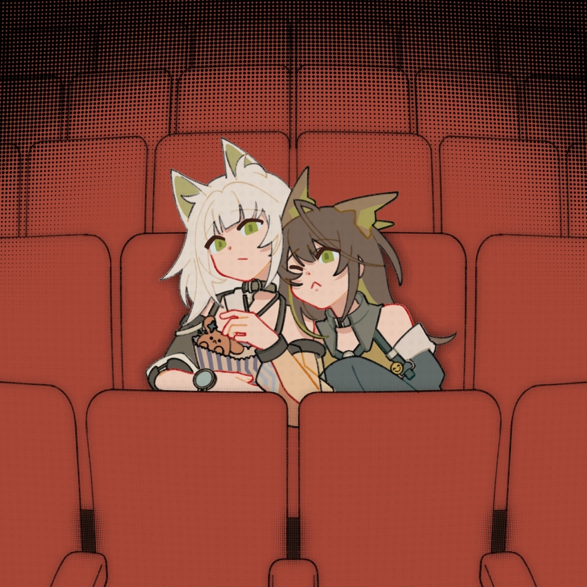 2girls :&lt; :/ ahoge animal_ears arknights badge bare_shoulders belt belt_collar black_belt black_hair black_jacket bracelet button_badge cat_ears collar detached_collar dot_nose dress food green_dress green_hair highres holding holding_food huge_ahoge huihuishizhisanghuli jacket jewelry kal&#039;tsit_(arknights) leaning_on_person long_hair looking_at_viewer mon3tr_(arknights) movie_theater multiple_girls off_shoulder on_chair one_eye_closed popcorn screentones sitting sleeves_past_fingers sleeves_past_wrists smiley_face theater_seating watch wristwatch