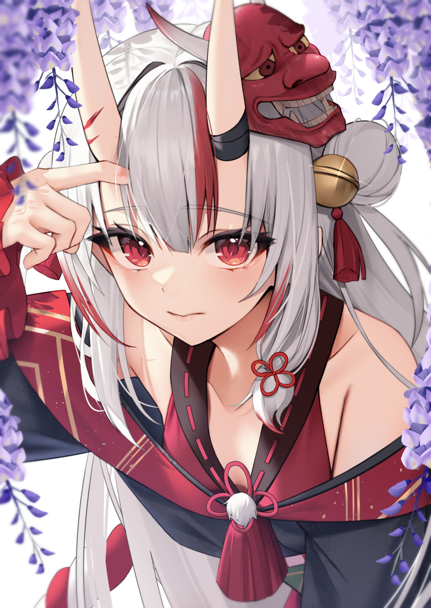 1girl absurdres closed_mouth collarbone commentary_request grey_hair highres hololive horns japanese_clothes long_hair looking_at_viewer mask mask_on_head nakiri_ayame nakiri_ayame_(1st_costume) oni oni_mask red_eyes solo thomas_8000 upper_body virtual_youtuber