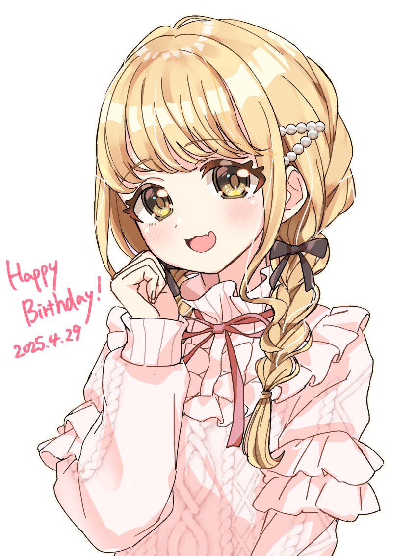1girl absurdres aran_sweater black_bow blonde_hair blush bow braid cable_knit commentary_request dated fang frilled_sweater fujita_kotone gakuen_idolmaster hair_bow happy_birthday highres idolmaster kanipoposu long_sleeves looking_at_viewer skin_fang smile solo sweater upper_body white_sweater yellow_eyes