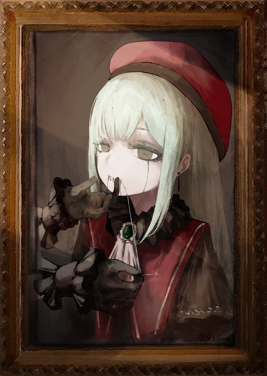 2girls absurdres ascot bang_dream! bang_dream!_it&#039;s_mygo!!!!! beret black_gloves chinese_commentary commentary_request earrings empty_eyes gloves green_brooch green_hair hat highres jewelry kitsune_yo long_hair mortis_(bang_dream!) mortis_(costume)_(bang_dream!) multiple_girls needle no_mask oblivionis_(bang_dream!) picture_frame red_hat revision sewing sewing_needle stitched_mouth stitches tears togawa_sakiko wakaba_mutsumi white_ascot